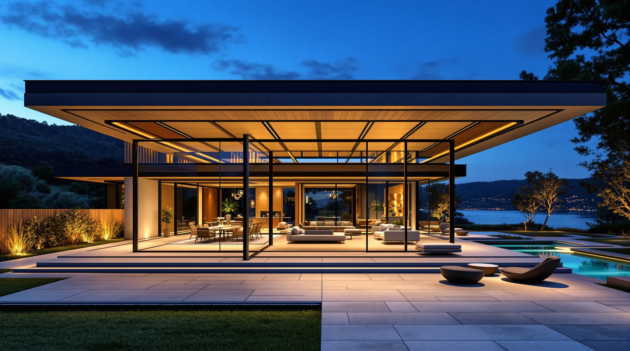 Gece aydınlatmalı, cam cepheli modern villa ve bioklimatik pergola