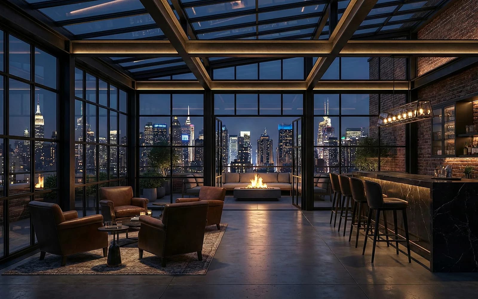 Cam çatılı koyu tonlu lounge alanı
