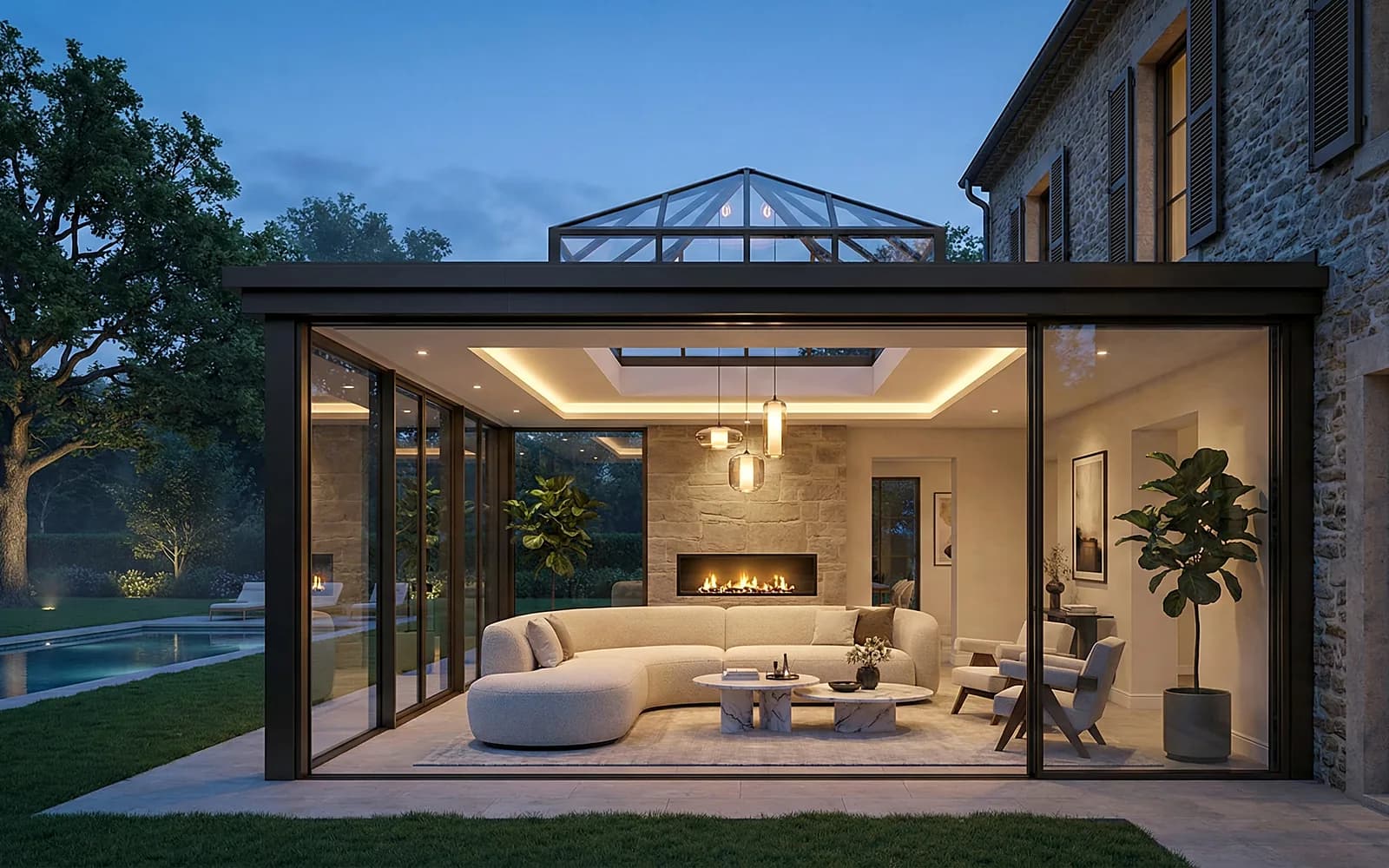 Havuz kenarında modern camlı oturma alanı
