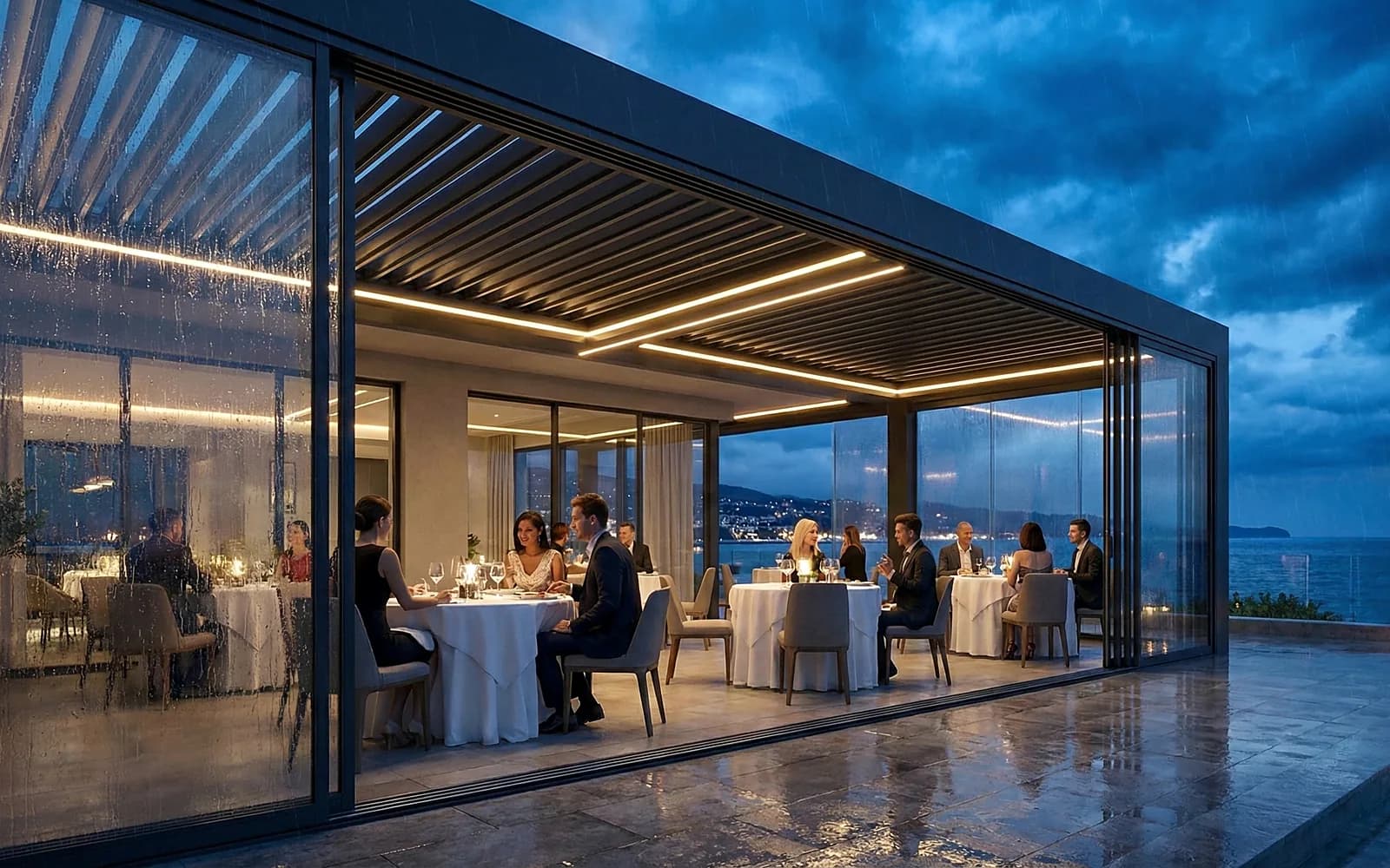 Camla kapatılmış restoran terasında masalar ve misafirler