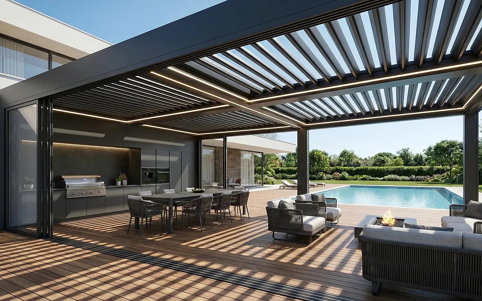 Havuz kenarında motorlu lamel çatılı bioklimatik pergola