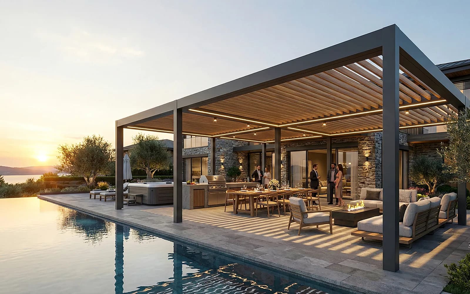 Gün batımında havuz başı pergola altında yemek alanı